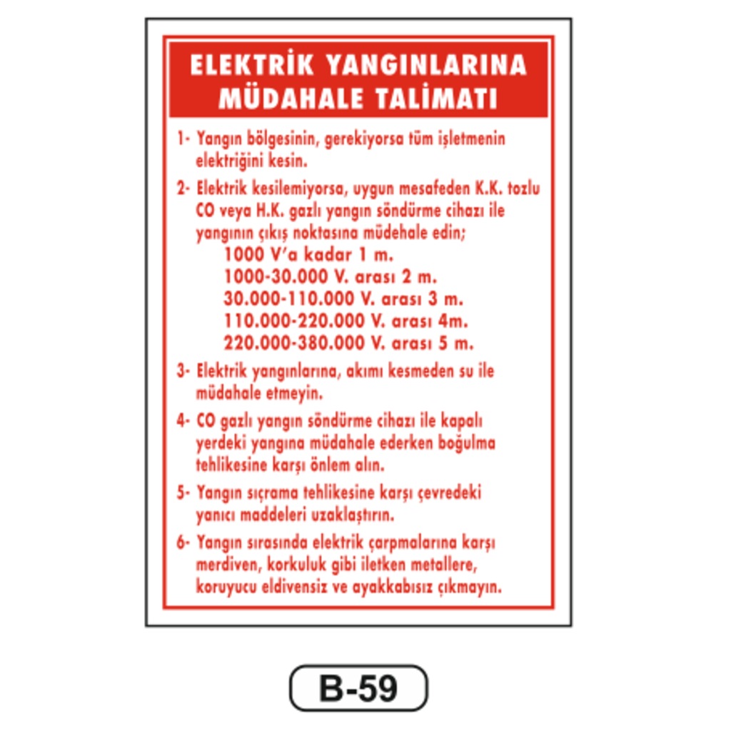 Elektrik Yangınlarına Müdahale Talimatı Levhası