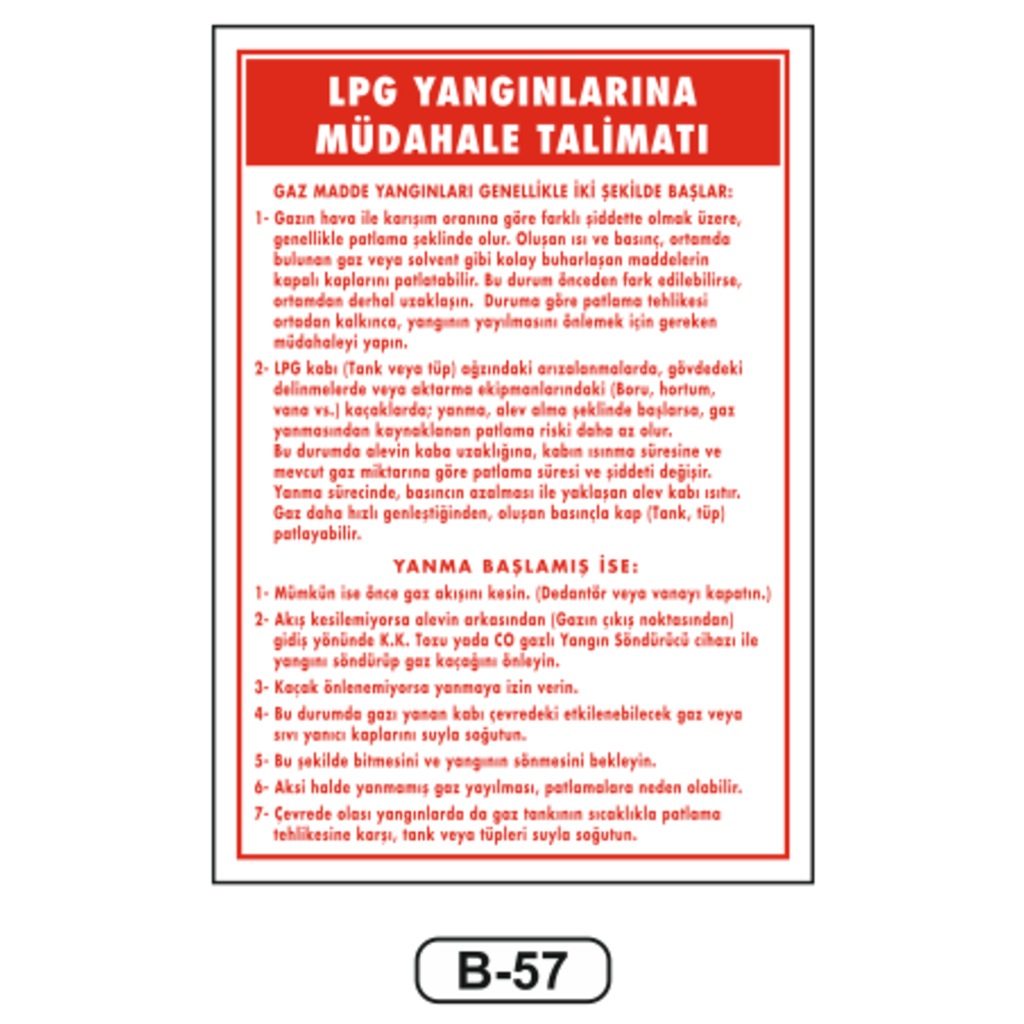 Lpg Yangınlarına Müdahale Talimatı Levhası