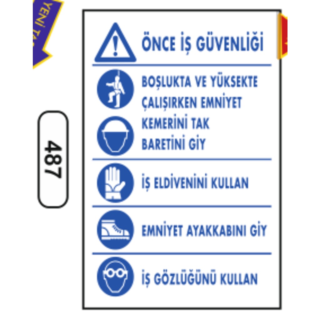 Önce İş Güvenliği Boşluk ve Yüksekte Çalışırken Emniyet Kemeri Tak Baret Giy.... Uyarı Levhası
