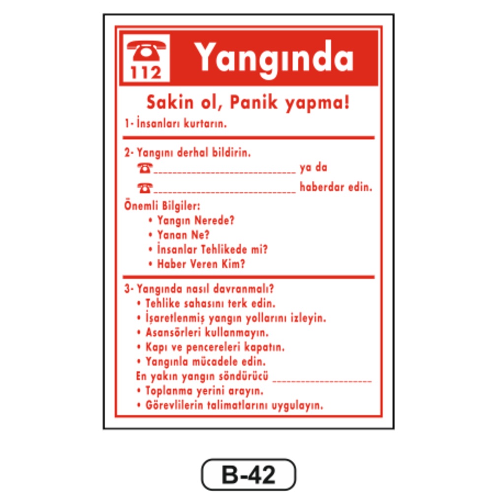 Yangında Sakin Ol Talimatı Levhası